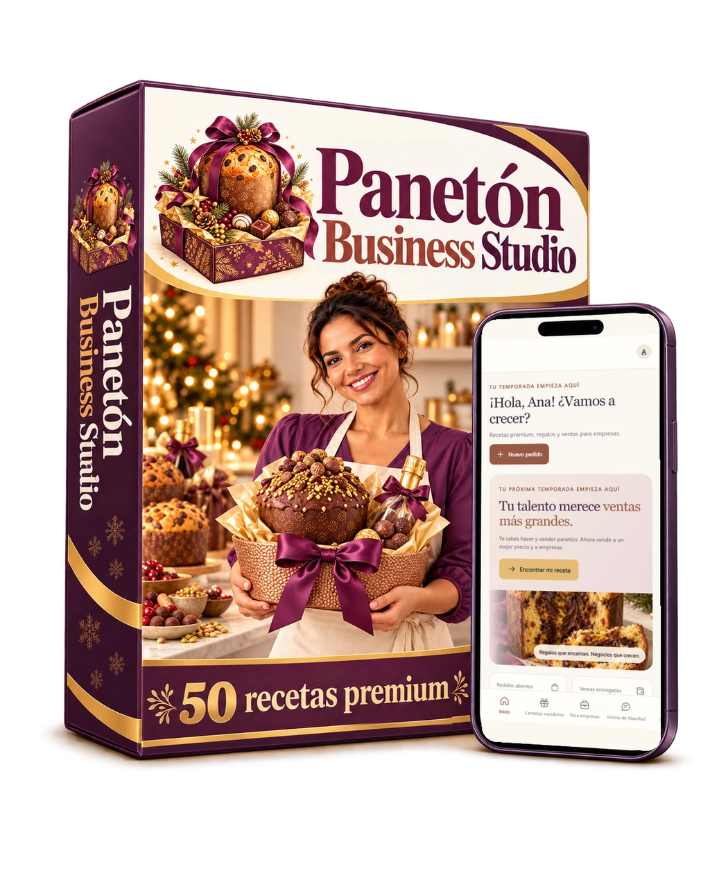 Caja del producto Panetón Business Studio con la aplicación en el celular