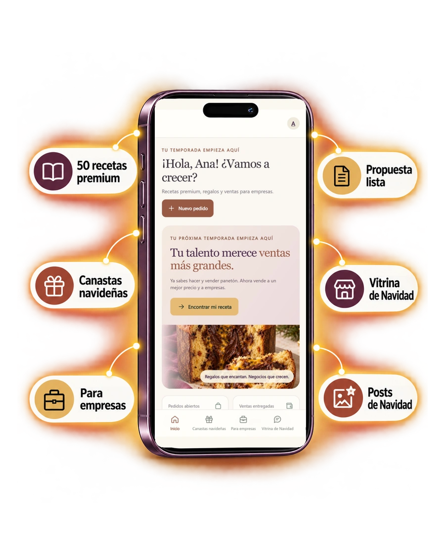 Aplicación Panetón Business Studio en el celular con 50 recetas premium, canastas navideñas, pedidos para empresas, propuesta lista, vitrina de Navidad y posts de Navidad