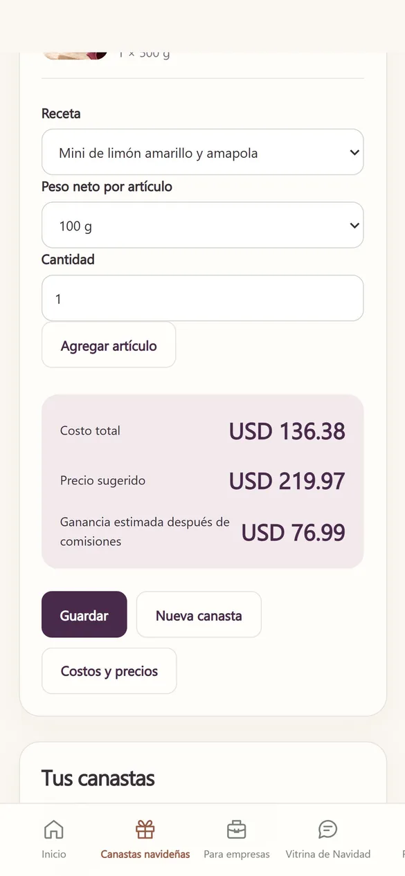 Pantalla real: canasta navideña con costo, precio y ganancia