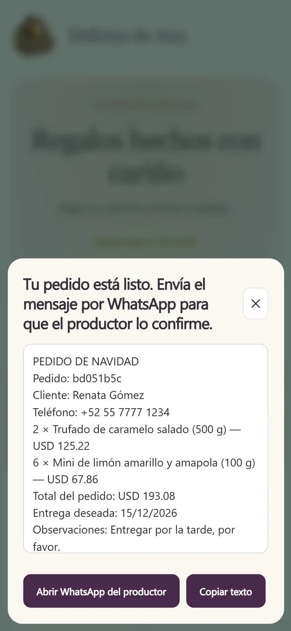 Pantalla real: pedido armado para enviar al WhatsApp del productor