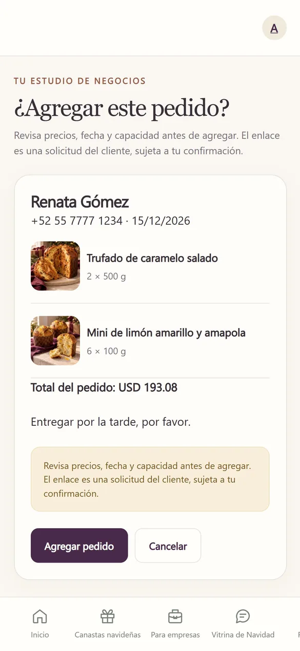 Pantalla real: pedido de la vitrina para agregar a los pedidos